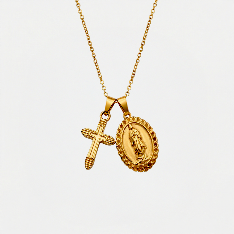 Collier Vierge Marie et croix, finition dorée