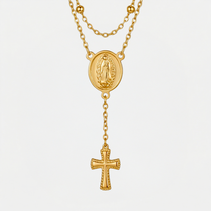 Collier chapelet croix, finition dorée