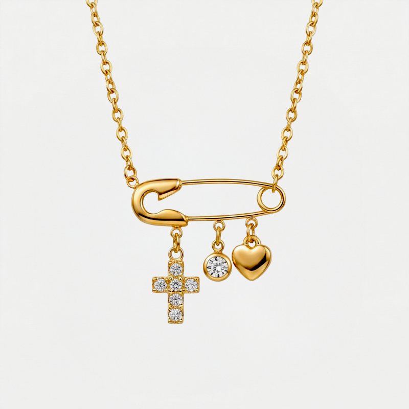 Collier croix épingle, finition dorée