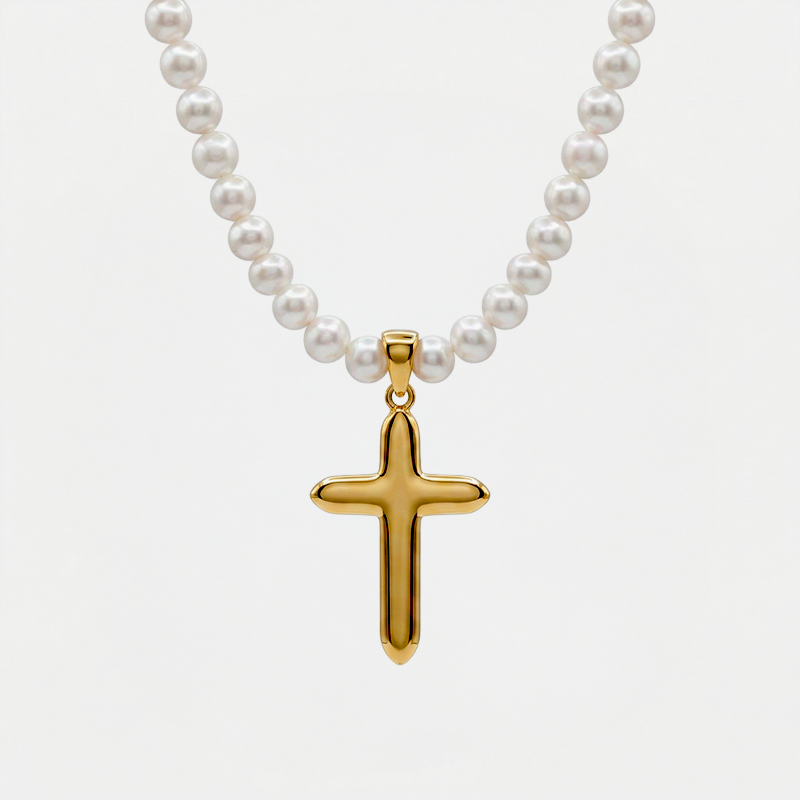 Collier croix perles, finition dorée