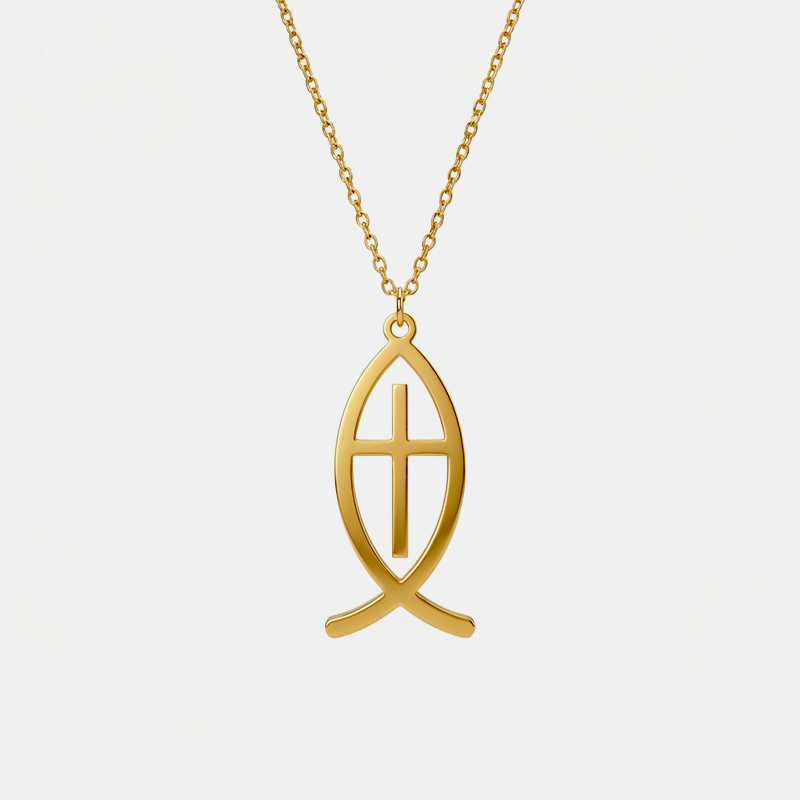 Collier croix poisson, finition dorée