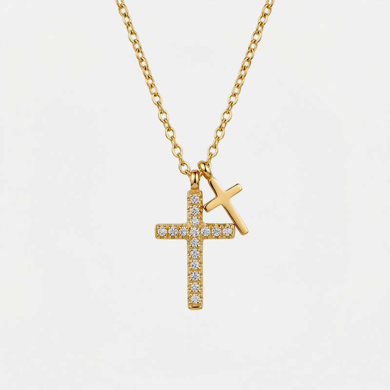 Collier double croix, finition dorée