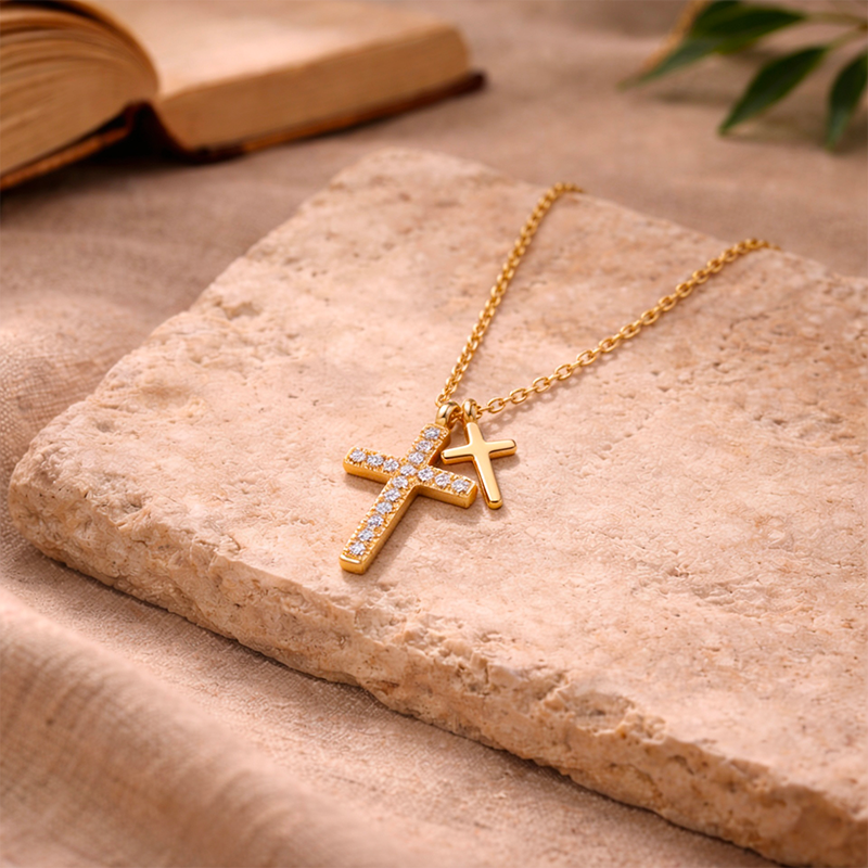 Collier double croix dorée