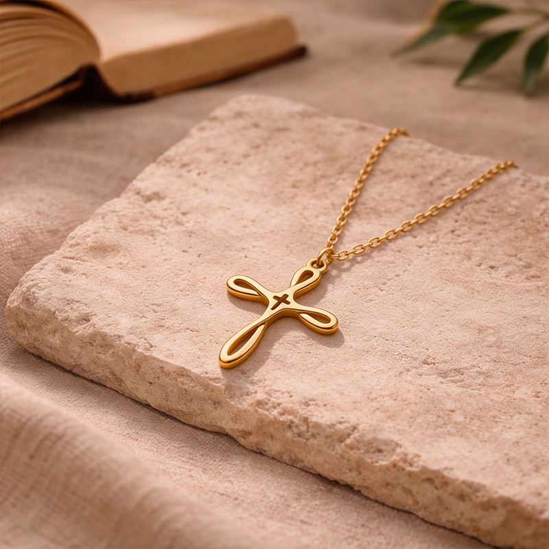 Collier croix fantaisie dorée