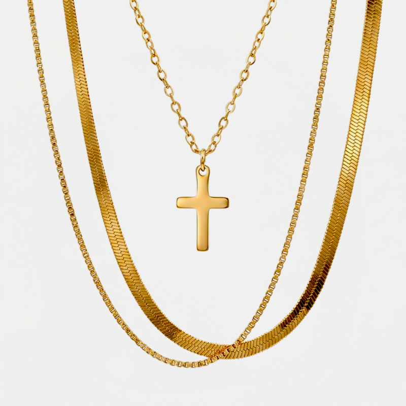 Collier multirang croix, finition dorée