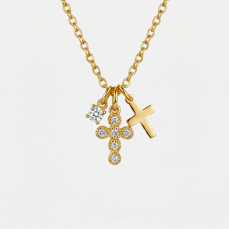 Collier croix grappe de cristaux, finition dorée